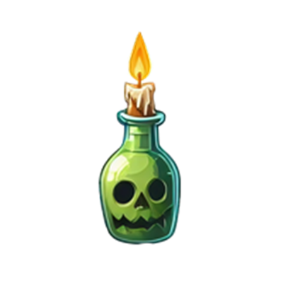 En grøn flaske med et dødningehoved og et stearinlys, der brænder ovenpå.