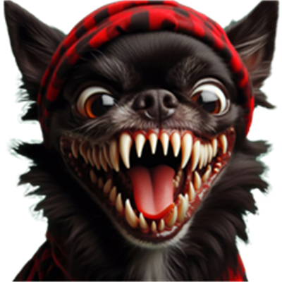 En humoristisk og skræmmende illustration af en Chihuahua med en truende grimasse og en rød hoodie.