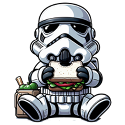 En tegneserieagtig stormtrooper sidder og spiser en sandwich med grøntsager.