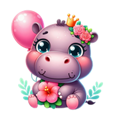 En farverig og sød illustration af et hippo med en ballon, blomster og en krone.