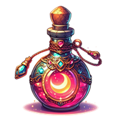 En dekorativ flaske med en glitrende elixir, prydet med ædelsten og mystiske symboler.