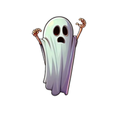 Et tegnet spøgelse med en bleg krop og en skræmt ansigtsudtryk, der strækker armene op.