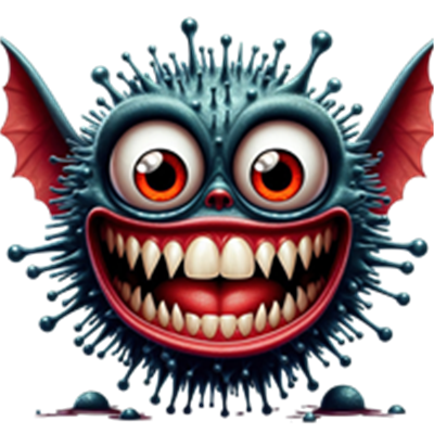 Et venligt og farverigt monster med store øjne, skarpe tænder og vinger.