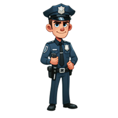 En tegneserieagtig politibetjent med et smil, iført uniform og med udstyr.