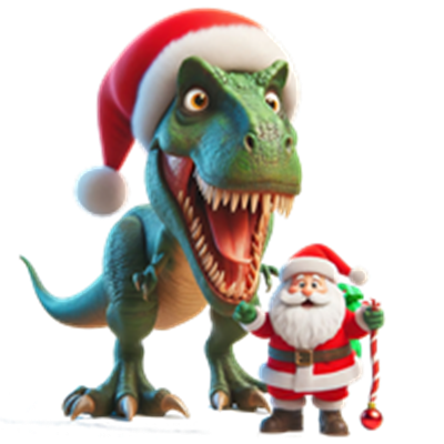 En farverig illustration af en dinosaur iført en nissehue sammen med en julemand.