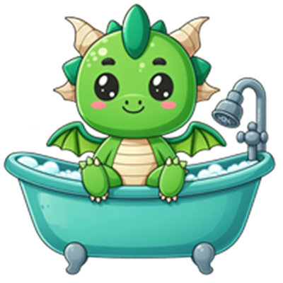 En sød, grøn drage sidder i et badekar fyldt med skum, med glade øjne og små vinger.