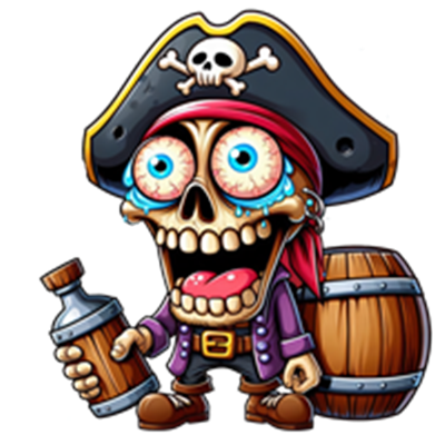 En farverig og humoristisk piratskalle iført en hat med dødningehoved, holder en flaske.
