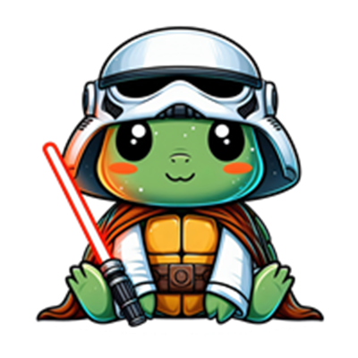 En sød skildpadde iført en stormtrooper-hjelm og kappe, med et lyssværd.