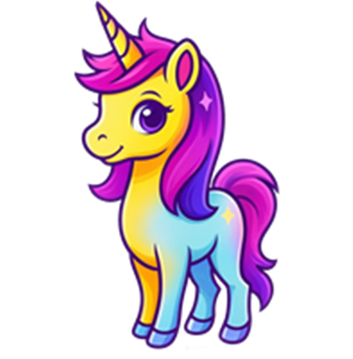 En sød og farverig tegneserieenhjørning med en glitrende manke.