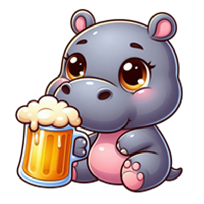 En tegneserieagtig flodhest med store øjne, der holder en ølkrus.