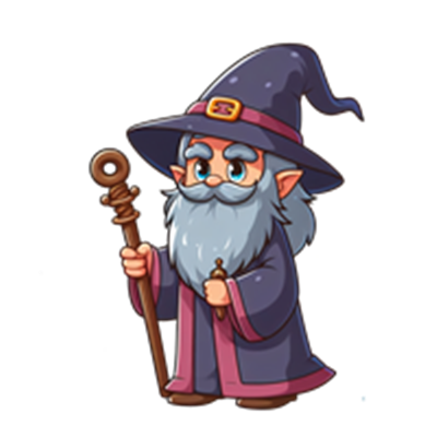 En tegneserieagtig troldmand med grå skæg og blå kappe, der holder en stav.