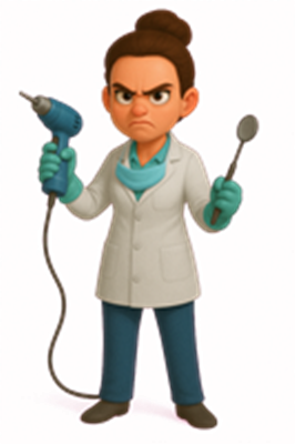 En tegnet kvindelig forsker iført en labfrakke, holder en boremaskine og en ske.