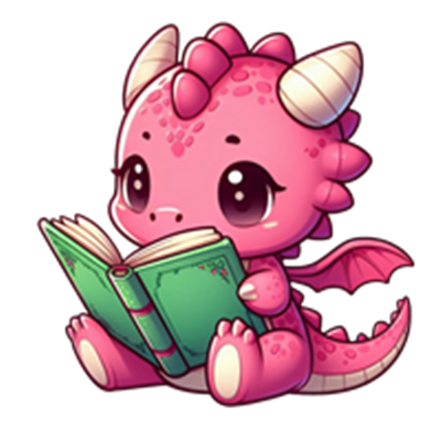 Et lille, rosa dragebarn sidder og læser en grøn bog med store øjne.