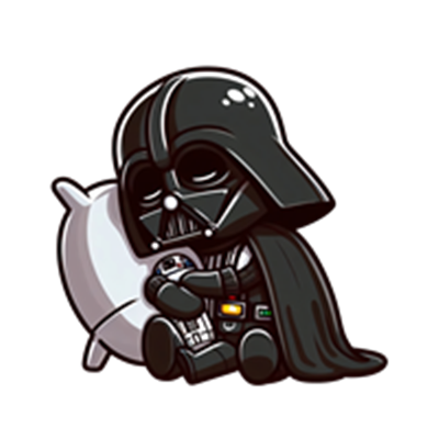 En sød og tegneserieagtig version af Darth Vader, der krammer en pude.