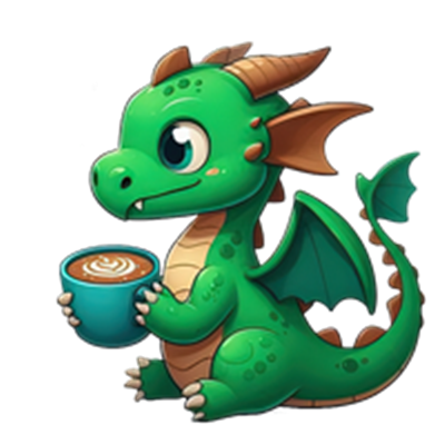 En charmerende grøn drage holder en kop kaffe med et latte art mønster.