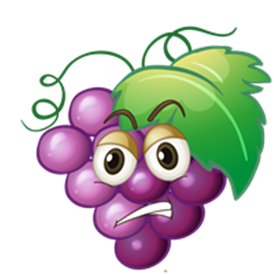 En tegneserieagtig drue med et vredt ansigt og grønne blade.