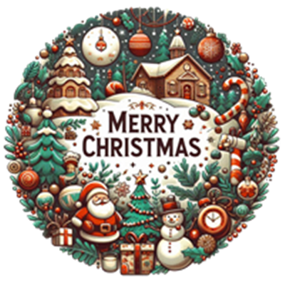 Et farverigt julebillede med Santa, snemænd, juletræer og dekorationer.