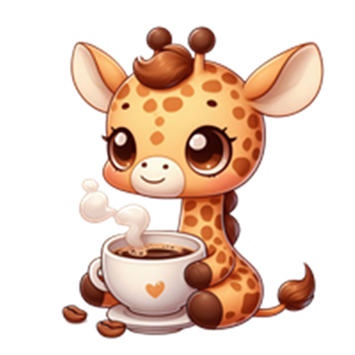 En sød, tegneserieagtig giraf, der nyder en kop dampende kaffe.