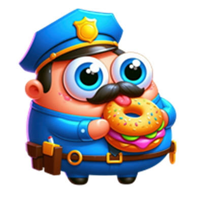 En tegneserieagtig politibetjent med store øjne, iført uniform og holder en donut.