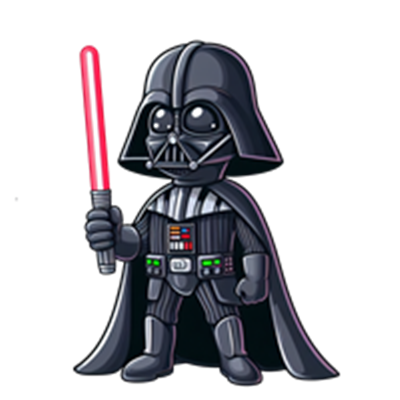 En tegneserieversion af Darth Vader, der holder en rød lyssabel.