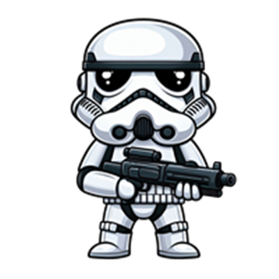 En sød, tegneserieagtig stormtrooper iført en klassisk hvid rustning og holder et våben.