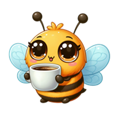 En sød, tegneserieagtig bi holder en kop kaffe med store, glitrende øjne.