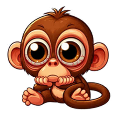 En sød, animeret abe med store, udtryksfulde øjne, der sidder med hænderne ved ansigtet.