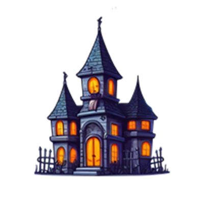 Et gammelt slot med spidse tårne og lysende vinduer, omgivet af en heksekreds.