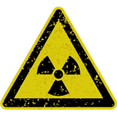 Et gult advarselsskilt med et radioaktivt symbol, der indikerer fare.