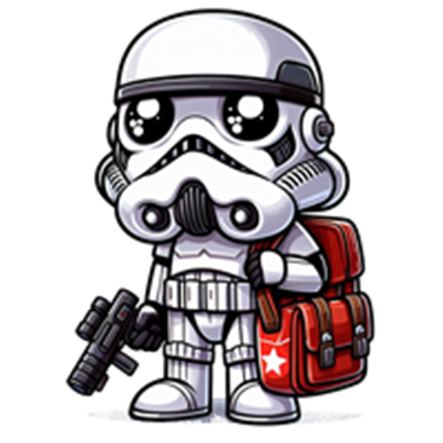En tegneserieagtig stormtrooper med store øjne og en rygsæk, der holder en blaster.