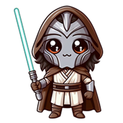 En sød, chibi-stil Jedi-kriger iført en kappe og holder et lyssværd.