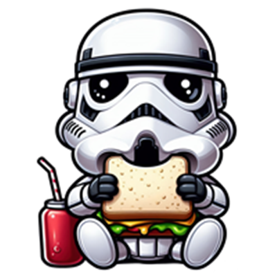 En tegneserieagtig stormtrooper, der sidder og spiser en sandwich med en sodavand ved siden af.
