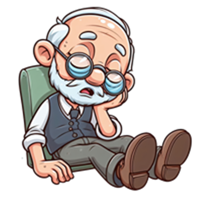 En sød, tegnet gammel mand med briller, der sidder afslappet og ser træt ud.