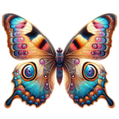 En smuk, farverig sommerfugl med komplekse mønstre og nuancer af blå, orange og lilla.