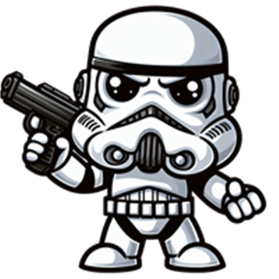 En sød, tegneserieagtig version af en stormtrooper, der holder en pistol.