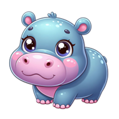 En nuttet, blå flodhest med store øjne og rosa detaljer, der smiler.