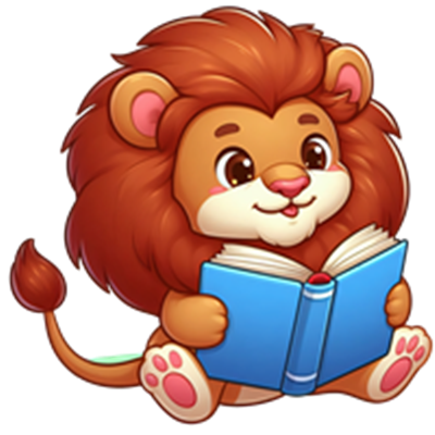 En sød, tegnet løveunge sidder og læser en bog med et venligt smil.