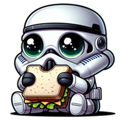 En tegneserieagtig stormtrooper, der sidder og holder en sandwich med grøn salat.