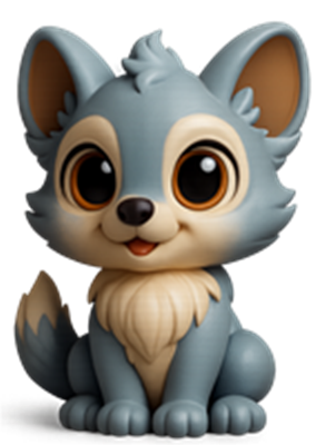 En sød, tegneserieagtig blå ulv med store øjne og en venlig mine.