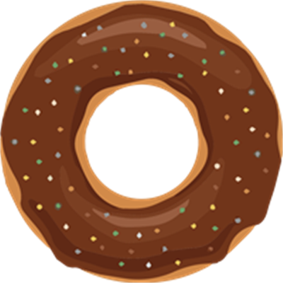 En rund donut dækket af chokoladeglasur og pyntet med farverige drys.