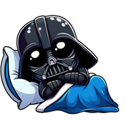 En sød og cartoonish version af Darth Vader, der ligger i sengen med en pude og tæppe.