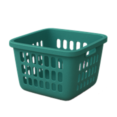 En firkantet grøn vasketøjskurv lavet af plast med perforeringer.