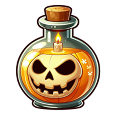 En farverig Halloween-krukke med et græskar, et skeletansigt og et stearinlys.