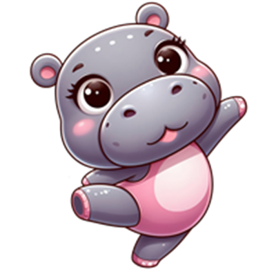 En glad og farverig tegneserieflodhest med store øjne og en legende attitude.