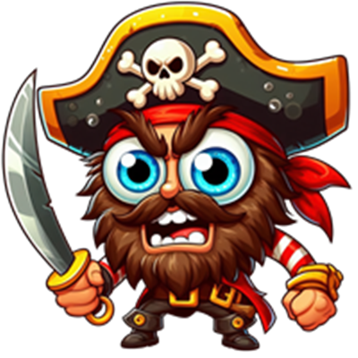 En farverig og udtryksfuld pirat med stort skæg, bandana og en klinge.