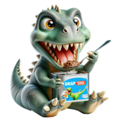 Et charmerende dinosaurusbarn sidder og spiser fra en dåse, mens det holder en ske.