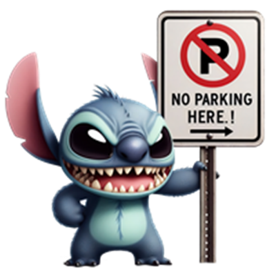 En farverig, tegneserieagtig karakter holder et skilt, der siger No Parking Here!.