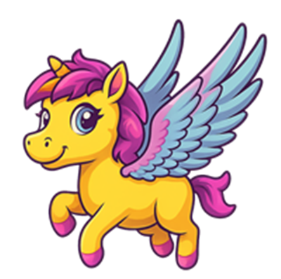 En sød, gul enhjørning med lyserød mane og blå vinger, der flyver.