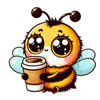 En nuttet, tegneserieagtig bi holder en kaffekop med store, glitrende øjne.