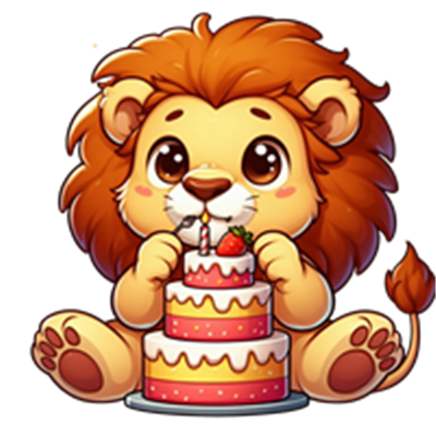 En nuttet, tegneserieagtig løve sidder og spiser kage med en fødselsdagslys.